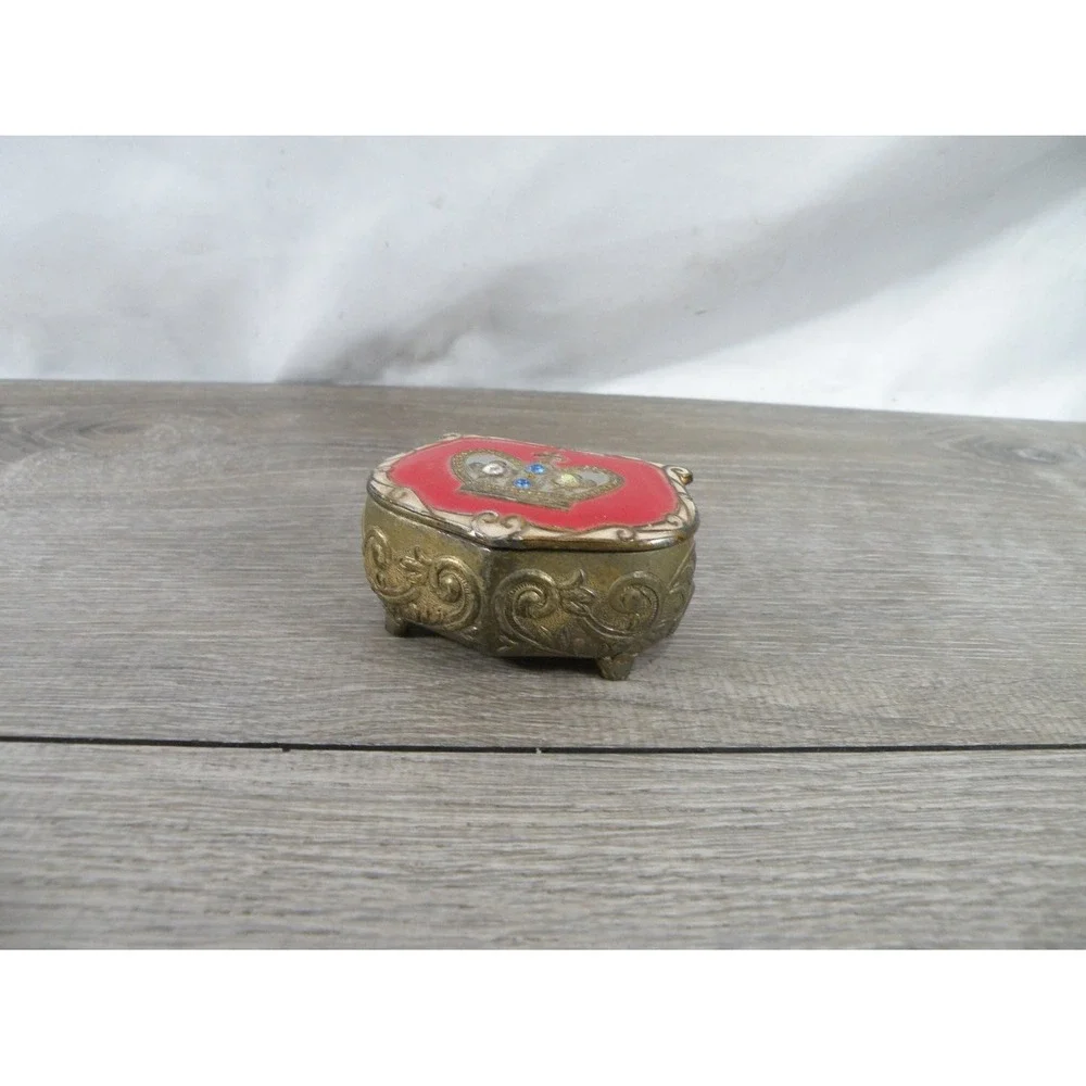 Japan Vintage Footed Trinket Box S Gold Metal Red Velvet Lining